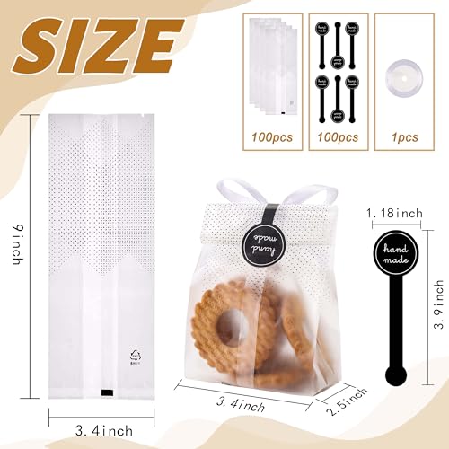 YunKo Cookie Bags for Gift Giving Cellophane Bags Treat Bags for Favors Mini Loaf,Bundt Cake,Hot Cocoa Bomb Packaging With Stickers(100PACK,Black Dot)