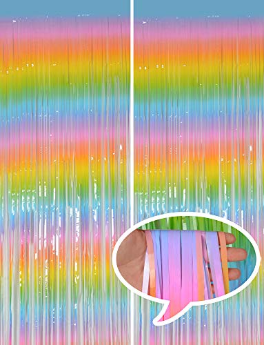 Melsan 2 Pack 3.2 ft x 8.2 ft Tinsel Foil Fringe Curtains Backdrop, Metallic Foil Curtains for Party Photo Booth Props Decoration (Rainbow)