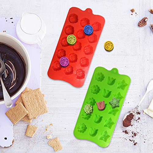 4 PACK Flower Shape Chocolate Candy Molds Set,DanziX Silicone 15 Cavity Baking Mold Ice Cube Tray for Wedding,Festival,Parties and DIY Crafts-Green,Blue,Red and Purple