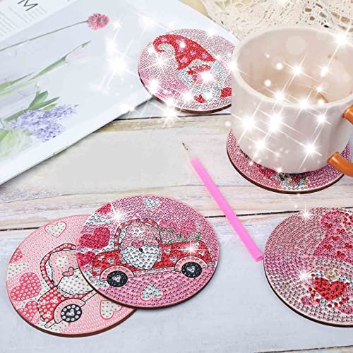 XEFINAL 8 PCS Valentines Day Diamond Paintings Coasters Diamond Painting Coasters with Iron Holder, DIY Gnome Diamond Painting Kit for Adults & Kids Diamond Art Craft Supplies Valentines Decorations