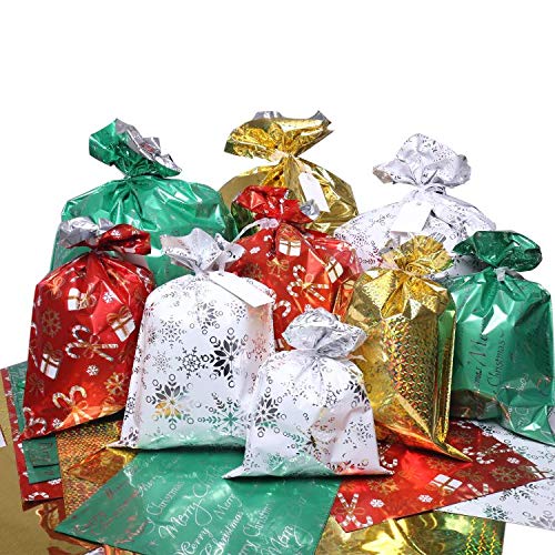 Christmas Gift Bags, 32Pcs Santa Wrapping Bag in 4 Sizes and 4 Designs with Ribbon Ties and Tags for Wrapping Holiday