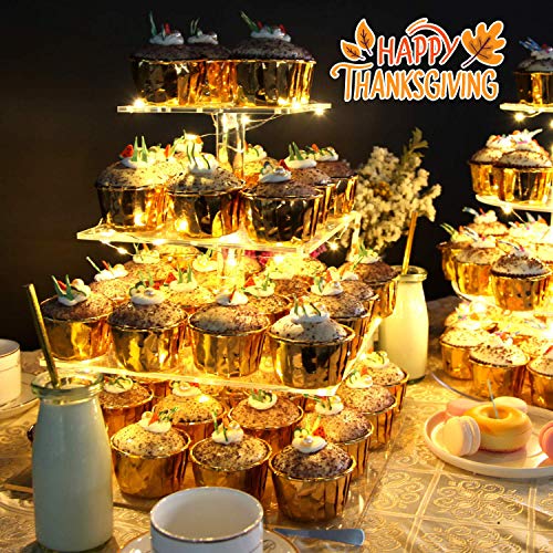 Vdomus 4 Tier Acrylic CupCake Stand Pastry Stand with LED String Lights Dessert Tree Tower Cake Pyramid for Birthday Wedding Party Babyshower Christmas, Holds up to 50 Cupcakes (Warm)