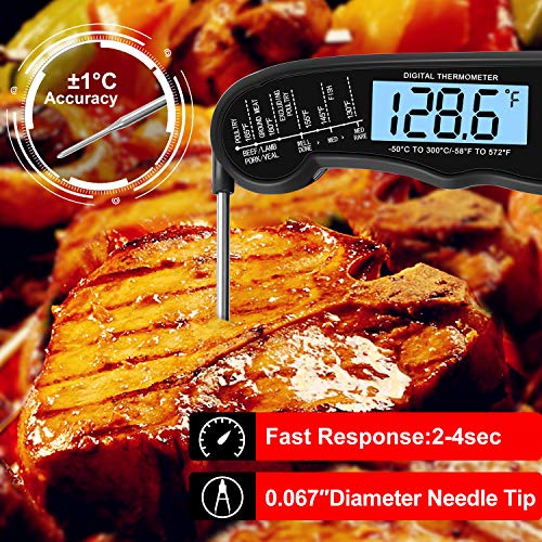 KULUNER TP-01 Waterproof Digital Instant Read Meat LCD Thermometer with 4.6” Folding Probe Backlight & Calibration Function for Cooking Food Candy, BBQ Grill, Liquids,Beef(Black)
