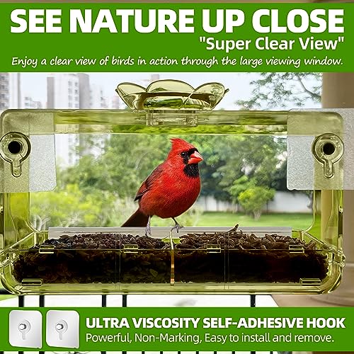 WENMIXER Window Bird Feeder with Non-Marking Self-Adhesive Hooks, Clear Window Bird Feeder for Outside, Transparent Bird House, Outdoor Bird Feeders, Wild Bird Watching Gift, Garden Decor (Yellow)