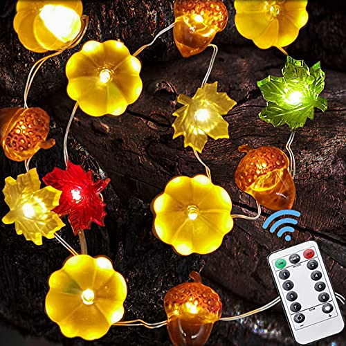 Fall Decor Fall Decorations lights for Home 30LED/10FT 3D Pumpkin Maple Leaf Acorn Battery Operated String Lights, 8 Mode Timer Remote Fall Lights Garland Indoor Outdoor Autumn Thanksgiving Halloween