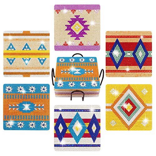 Temlum 6 Pcs Diamond Painting Coasters with Holder, DIY Boho Coasters Small Diamond Painting Kits for Beginners, Adults & Kids Diamond Art Coasters Craft Supplies