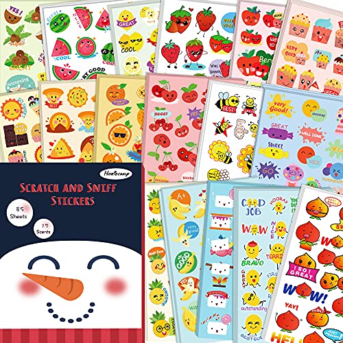 HORIECHALY Scratch and Sniff Stickers, 85 Sheets with 17 Different Scents. More 320 Designs as Rewards, Christmas Gifts, Decorations, Games for Children, Teachers, Parents, etc.