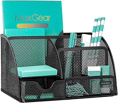 MaxGear Mesh Office Desktop Organizer with Drawer, Metal Stationary Black Desk Caddy, 6 Compartments, 8.7 x 5.5 x 5 inch, 1 Pack