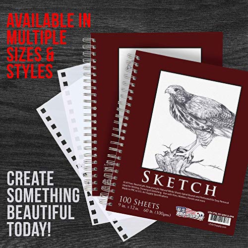 U.S. Art Supply 9" x 12" Sketch Book Pad, Pack of 2, 100 Sheets Each, 60lb (100gsm) - Spiral Bound Artist Sketching Drawing Paper Pad, Acid-Free - Graphite Colored Pencils, Charcoal - Adults, Students