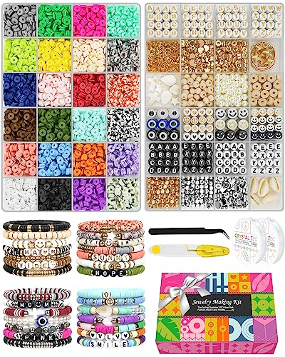 Velavior 7500 Pcs Clay Beads Bracelet Making Kit, 2 Boxes 24 Colors Polymer Heishi Beads for Jewerly Making, Alphabet Letter Spacer Smile Face Evil Eyes Beads, Craft Gift for Kids Teens Adults