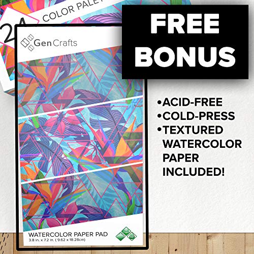 GenCrafts Watercolor Palette with Bonus Paper Pad 24 Premium Colors - 2 Refilable Water Brush Pens - 15 Sheets of Water Color Paper - Portable Painting