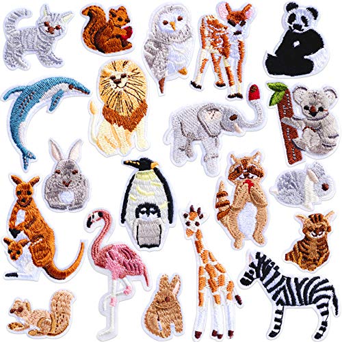 PAGOW 20PCS Animals Embroidered Patches, Zoo Animals Iron on Patches, Cute Embroidered Panda Giraffe Lion Flamingo Squirrel Rabbit Sewing Patches DIY Appliques for Shoes Clothes Backpacks Caps