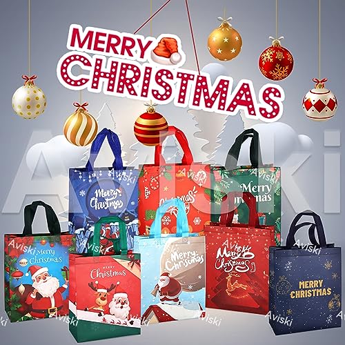 Aviski 8PCS Christmas Gift Bags,Christmas Tote Bags with Handles, Christmas Treat Bags, Multifunctional Non-Woven Christmas Bags for Gifts Wrapping Shopping, Xmas Party Supplies, 12.2×9.8×4.5inch