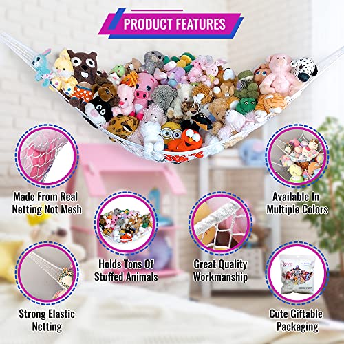 Lilly's Love Large Stuffed Animal Net Hammock for Plushie Toys | Corner Hanging Organizer for your Teddy and Stuffy Collection | Easy to Hang w/Included Anchors & Hooks (White)