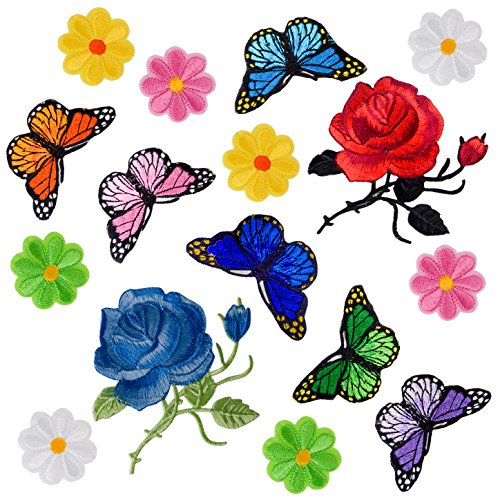Coopay 16 Pieces Flowers Butterfly Sunflowers Iron on/Sew on Patches Rose Embroidery Applique Patches for Arts Crafts DIY Decor, Jeans, Jackets, Clothing, Bags