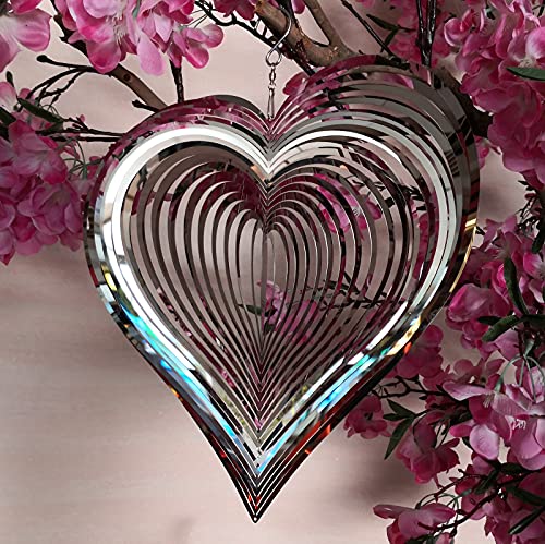 DJUAN Wind Spinner Outdoor Metal Decorations,Silver Heart Wind Spinners for Yard and Garden,Stainless Steel Wind Chimes for Outside Decor,Birthday Gifts for Mom,Mother's Day,Aunt Gifts