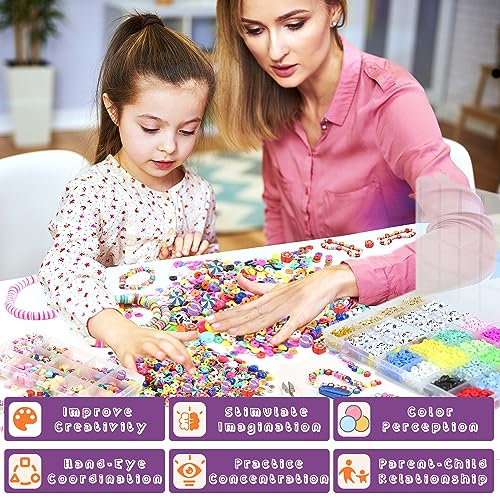 UHIBROS 7230pcs Polymer Clay Beads for Jewelry Making Letter Beads and 13 Styles Mixed Flower Face Trendy Beads, DIY Arts and Crafts Kit for Girls Ages 8-12