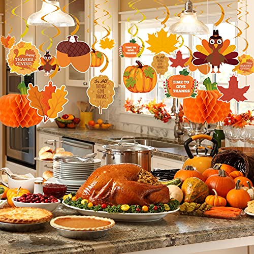 Dazonge Thanksgiving Decorations 40PCS, Pre-Assembled Thanksgiving Banner, Hanging Swirls, Fall Leaves Garland and Honeycomb Pumpkins for Thanksgiving Decor, Fall decor, Thanksgiving Decorations for Home