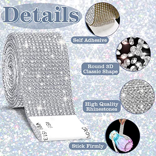 8 Rolls Rhinestone Ribbons,Cludoo 8 Yard Silver Self Adhesive Rhinestone Ribbon, Bling Crystal Diamond Ribbon Roll Wrap Glittering Rhinestones Sticker for Decoration Car DIY Arts Crafts Wedding