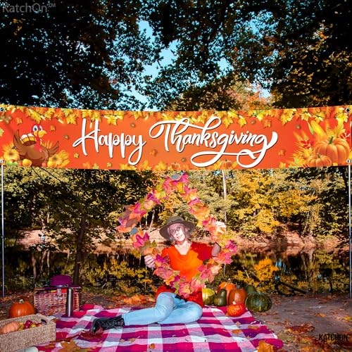 KatchOn, Happy Thanksgiving Banner Outdoor - Xtralarge 120x20 Inch | Thanksgiving Fence Banner for Thanksgiving Banner Decorations | Thanksgiving Banners for Outside for Thanksgiving Yard Decorations