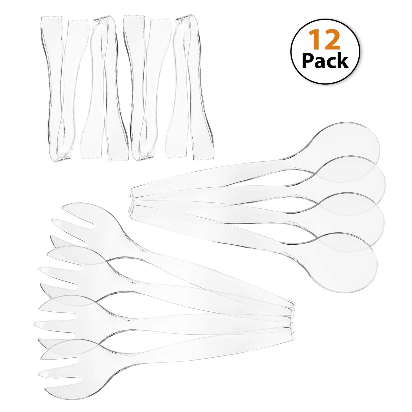 Set of 12 - Heavy Duty Disposable Plastic Serving Utensils, Four 10” Spoons and Forks, Four 6-1/2” Tongs,Clear