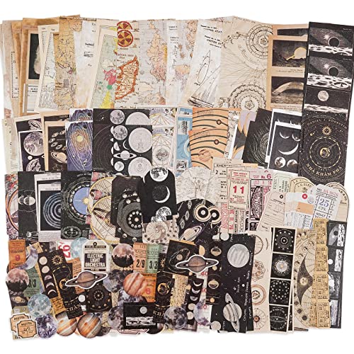 Knaid Vintage Scrapbook Supplies Pack (200 Pieces) for Witchy Junk Journal Bullet Journals Planners Space Moon Paper Stickers Craft Kits Collage (Celestial)