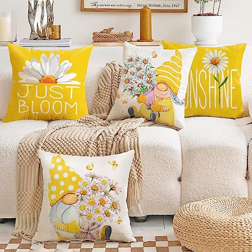 All Smiles Outdoor Yellow Throw Pillow Covers 18x18 Set of 4 Spring Summer Decorative Cushion Cases Home Décor Decorations for Patio Couch Chair Sofa,Daisy Floral Gnomes