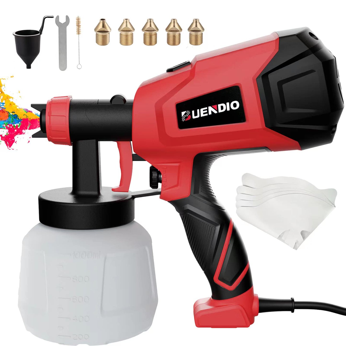 BUENDIO Paint Sprayer, 700W High Power, 5 Copper Nozzles & 3 Patterns, Easy to Clean, HVLP Spray Gun for Furniture, Cabinets, Fence, Garden Chairs, Walls, DIY Works etc. TPX01 Red