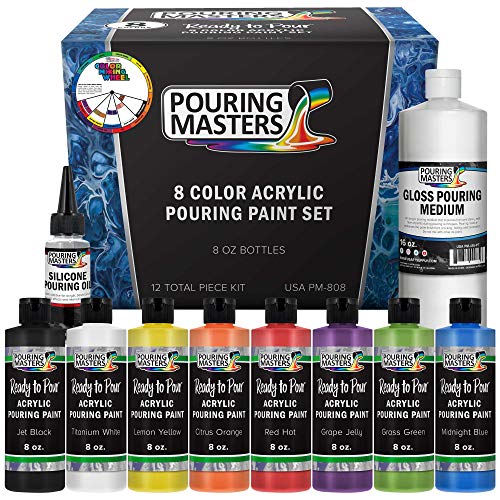 U.S. Art Supply Pouring Masters 8-Color Ready to Pour Acrylic Pouring Paint Set - Premium Pre-Mixed High Flow 8-Ounce Bottles - for Canvas, Wood, Paper, Crafts, Tile, Rocks and More