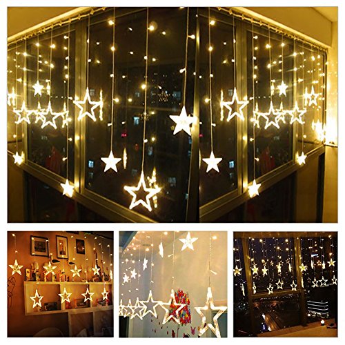 Twinkle Star 12 Stars 138 LED Curtain String Lights, Window Curtain Lights with 8 Flashing Modes Ramadan Decoration for Christmas, Wedding, Party, Home Decorations (Warm White)