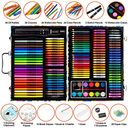 POPYOLA Art Supplies, 180 Piece Drawing Painting Art Kit with Clipboard and Coloring Papers, Gifts Art Set Case with Oil Pastels, Crayons, Colored Pencils, Watercolor Cakes