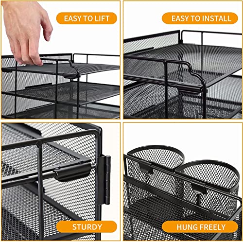 DALTACK 4-Trays Desktop File Organizer with Pen Holder, Letter Tray Paper Organizer with Drawer and Pen Holders, Black Mesh Office Supplies File Holder, Desk Organizer for Office School Home