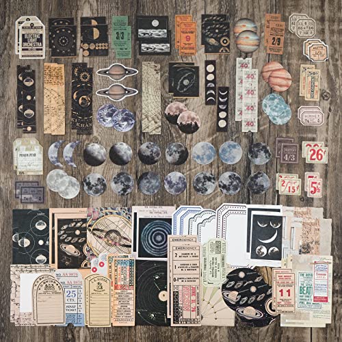 Knaid Vintage Scrapbook Supplies Pack (200 Pieces) for Witchy Junk Journal Bullet Journals Planners Space Moon Paper Stickers Craft Kits Collage (Celestial)