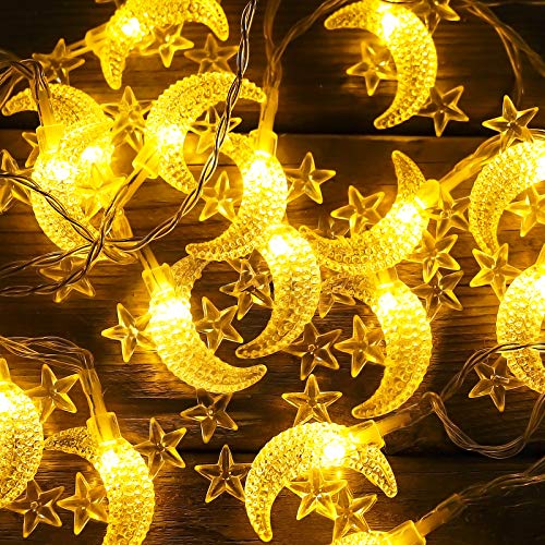 AceList 20ft 40LED Moon & Star Fairy Lights - Warm White String Lights, Battery & USB Powered, 2 Modes, for Kids' Rooms, Gardens, Camping, Balcony, Holidays, Parties, Weddings, Gifts, Home Decor