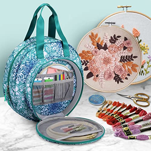 FINPAC Embroidery Project Bag, Embroidery Supplies Storage Carrying Tote Case with Multiple Pockets for Embroidery Floss, Embroidery Hoops, Thread, Stitch Tools Kit [Bag Only] - Emerald Illusions