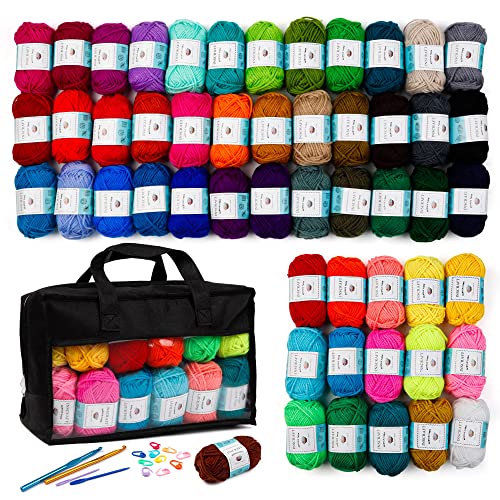 Inscraft 52 Acrylic Yarn Skeins, 1820 Yards 52 Colors, 2 Crochet Hooks, 2 Weaving Needles, 10 Stitch Markers, 1 Bag, for Crocheting & Knitting, Gift Beginners and Adults