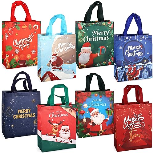 Aviski 8PCS Christmas Gift Bags,Christmas Tote Bags with Handles, Christmas Treat Bags, Multifunctional Non-Woven Christmas Bags for Gifts Wrapping Shopping, Xmas Party Supplies, 12.2×9.8×4.5inch