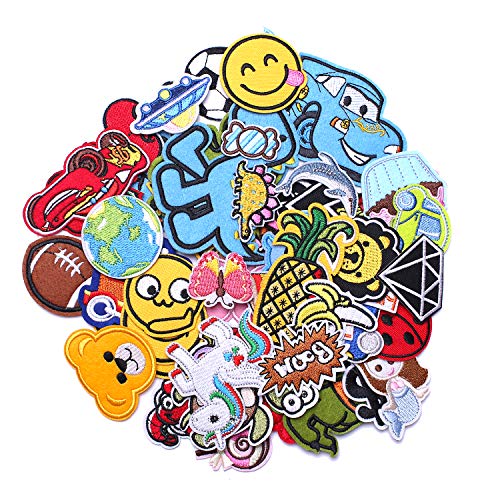 AXEN 60PCS Embroidered Iron On Patches DIY Accessories, Random Assorted Decorative Patches, Cute Sewing Applique for Jackets, Hats, Backpacks, Jeans, 60 Pieces Package