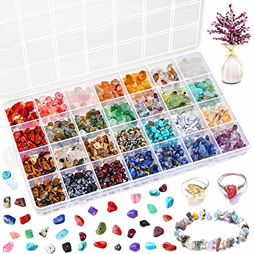 selizo Crystal Beads for Ring Making, 28 Colors Chips and Gemstone Beads, Ring Making Kit with Plastic Box for Jewelry, Bracelets, Earring Making Supplies