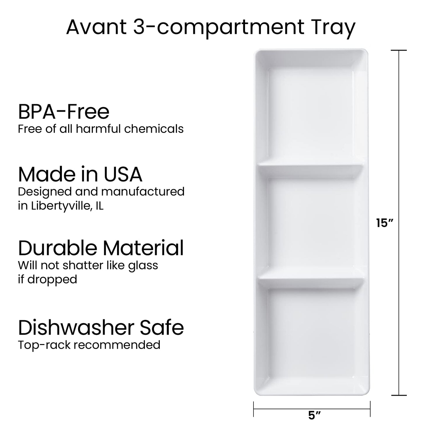 US Acrylic Avant White Plastic Divided Serving Trays (Set of 4) 15” x 5” | Narrow Reusable 3-Section Party Platters | Serve Appetizers, Fruit, Veggies, & Desserts | BPA-Free & Made in USA
