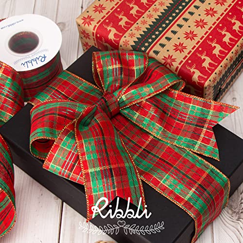 Ribbli 4 Rolls Christmas Wired Ribbon,Natural and Red Burlap Christmas Plaid Wired Ribbon,2 Inch Total 20 Yard, Christmas Ribbon for Crafts, Big Bow,Gift Wrapping, Wreath, Tree Decoration