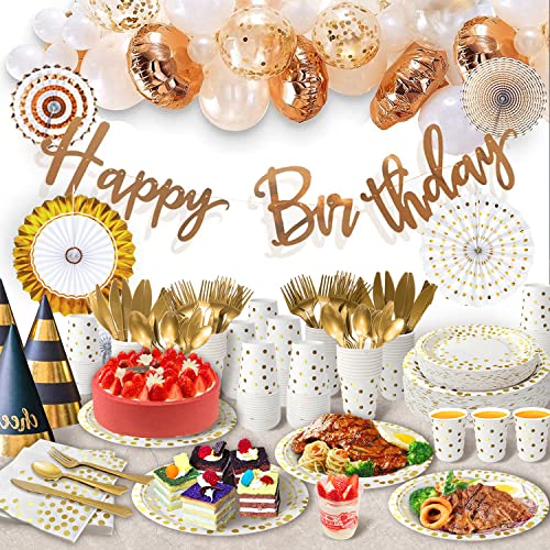 AIRE 350PCS White and Gold Plastic Dinnerware Set, Includes 9" Dinner Plates, 7" Dessert Plates, 9oz Cups, Napkins, Forks, Knives, Spoons