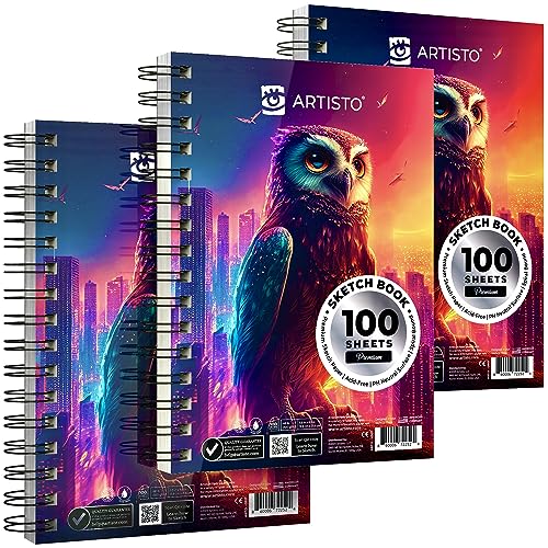ARTISTO 5.5X8.5” Premium Sketch Book Set, Pack of 3 (300 Sheets), 68lb (100g/m2), Spiral Bound, Acid-Free Drawing Paper, Perfect for Most Dry Media