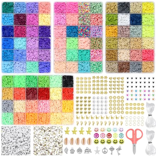 12220pcs Clay Beads Clay Bead Bracelet Kit, 96 Colors Beads 6mm Flat Round Clay Heishi Beads for Bracelerts with Letter Beads Charm and Elastic Strings Friendship Bracelet Making Kit for Girls