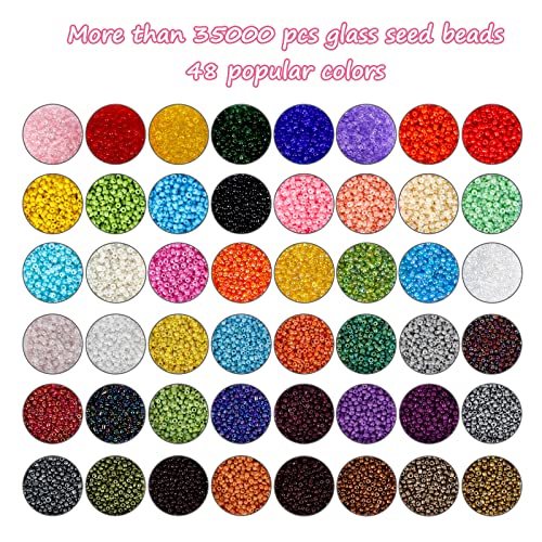 UOONY 35000pcs 2mm Glass Seed Beads for Jewelry Making Kit, 250pcs Alphabet Letter Beads, Tiny Beads Set for Bracelets Making, DIY, Art and Craft with Rolls of Elastic String Cord, Charms and Rings