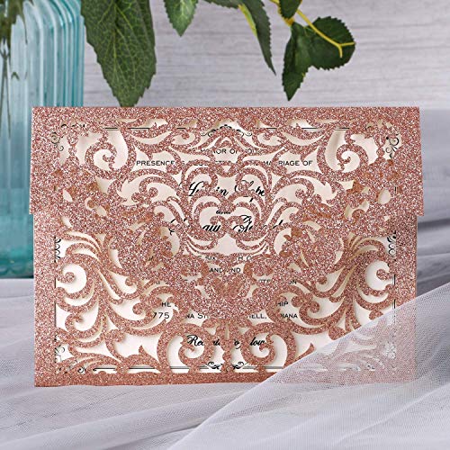 YIMIL 20 Pcs Laser Cut Wedding Invitation Card with Envelope for Wedding Quinceanera Bridal Shower Baby Shower Party Invite (Rose Gold Glitter)