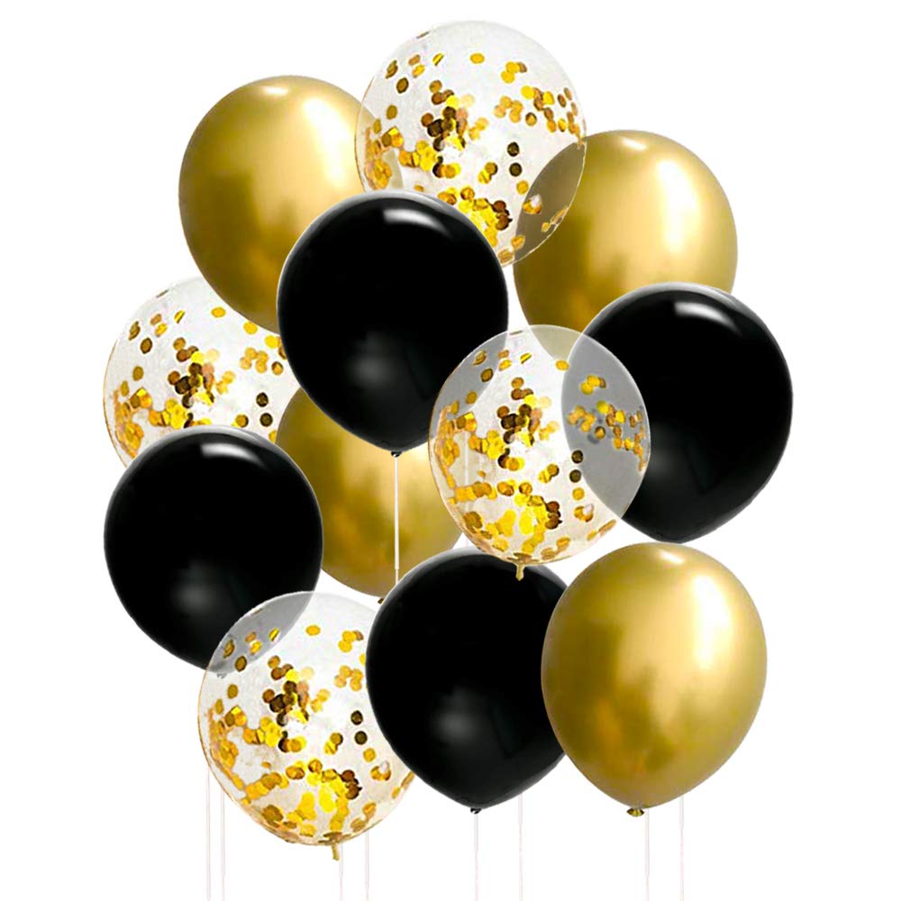 JOJO FLY 50 Pcs 12 Inches Black and Gold Balloons, Gold Confetti Balloons, Gold Metallic Latex Balloons for Birthday Party Decorations Graduation Balloon Garland Arch Kit, New Years Eve Decorations