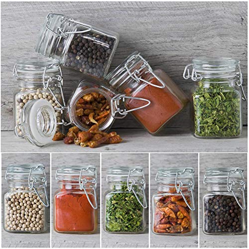 Spice Jars, SPANLA 12 Pack 4oz Small Glass Jars with Airtight Hinged Lid, With 12 Spice Labels & Silicone Funnels, Airtight Glass Jars for Spices, Art Craft Storage (12 Pack)