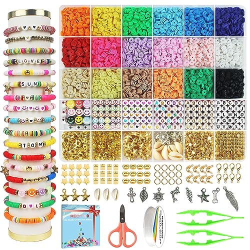 Redtwo 5100 Clay Beads Bracelet Making Kit, Flat Preppy Beads for Friendship Jewelry Making,Polymer Heishi Beads with Charms Gifts for Teen Girls Crafts for Girls Ages 8-12