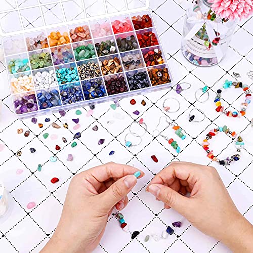 selizo Crystal Beads for Ring Making, 28 Colors Chips and Gemstone Beads, Ring Making Kit with Plastic Box for Jewelry, Bracelets, Earring Making Supplies
